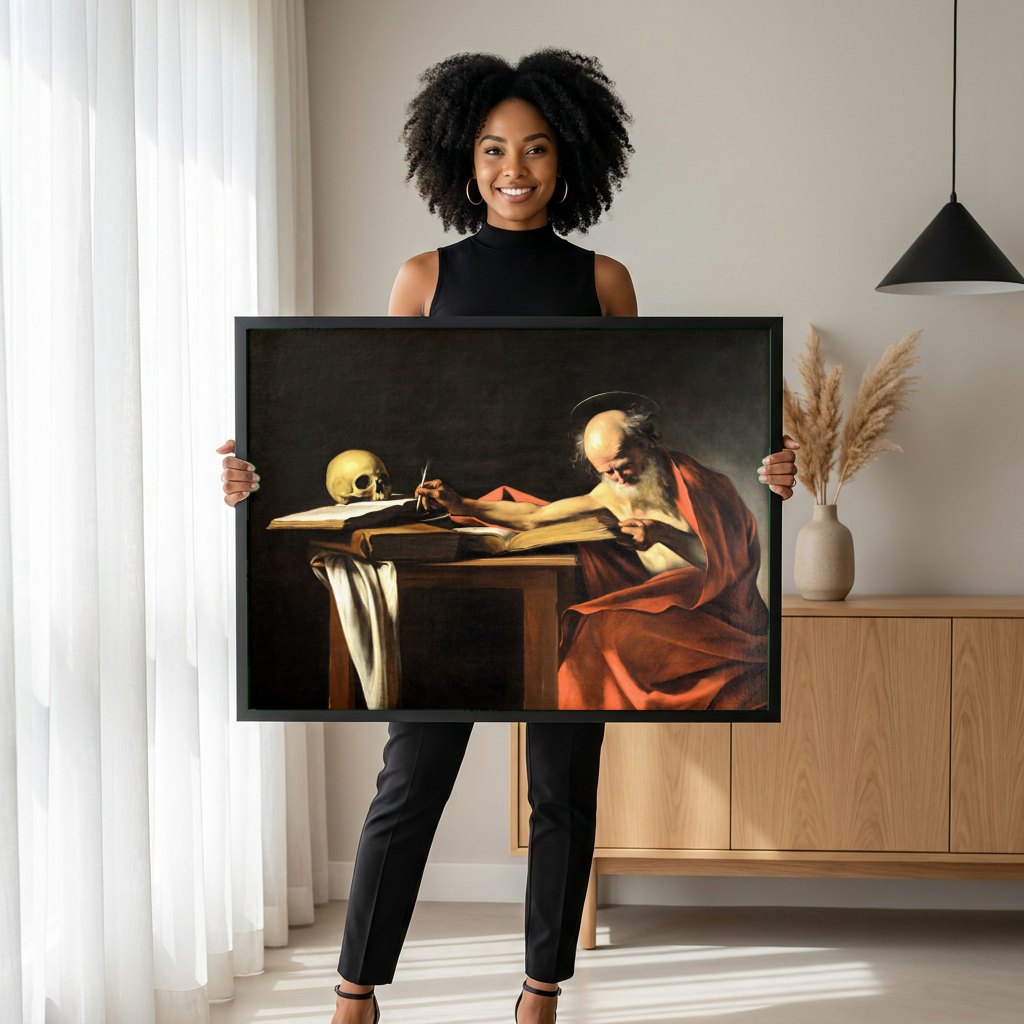 Quadro Decorativo São Jerônimo Escrevendo - Caravaggio | modelo apresentando o quadro emoldurado