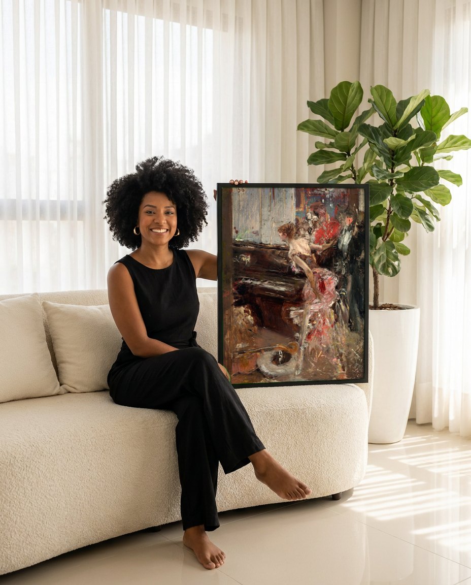 Quadro Decorativo A Música - Giovanni Boldini | modelo apresentando o quadro emoldurado