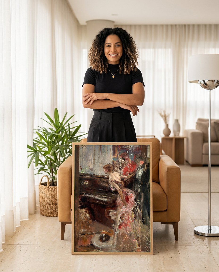 Quadro Decorativo A Música - Giovanni Boldini | modelo apresentando o quadro emoldurado
