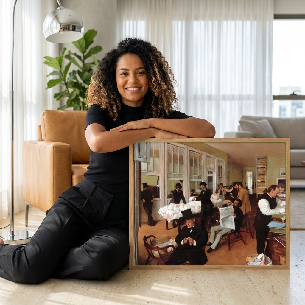 Quadro Decorativo Um Escritório de Algodão em Nova Orleans - Degas | modelo apresentando o quadro emoldurado