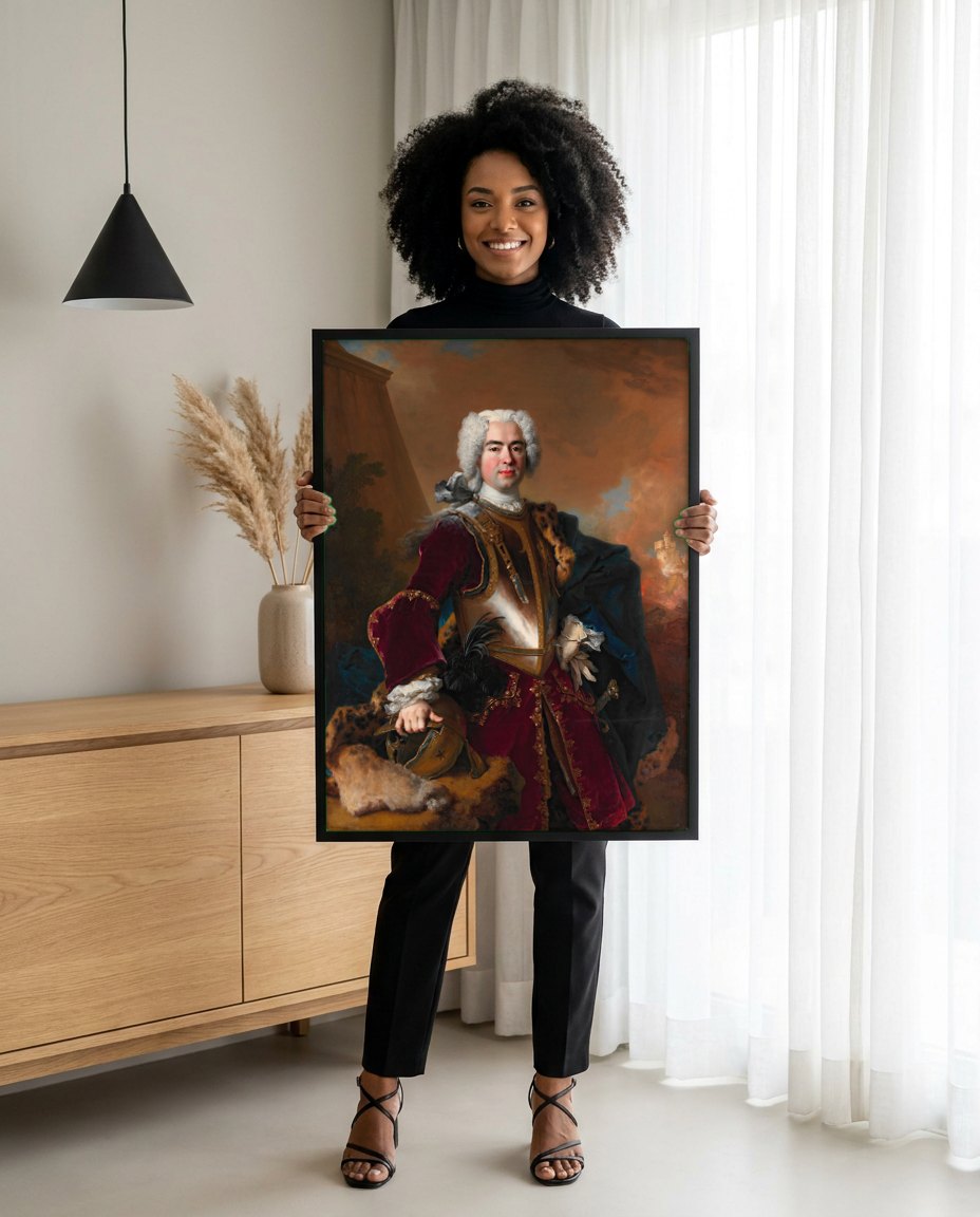 Quadro Decorativo Retrato de Charles-Godefroy de La Tour d'Auvergne - Nicolas de Largillière | modelo apresentando o quadro emoldurado
