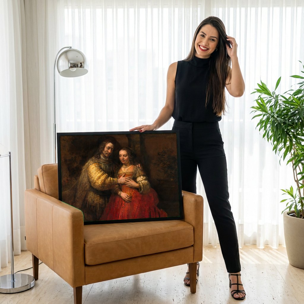 Quadro Decorativo A Noiva Judia - Rembrandt | modelo apresentando o quadro emoldurado