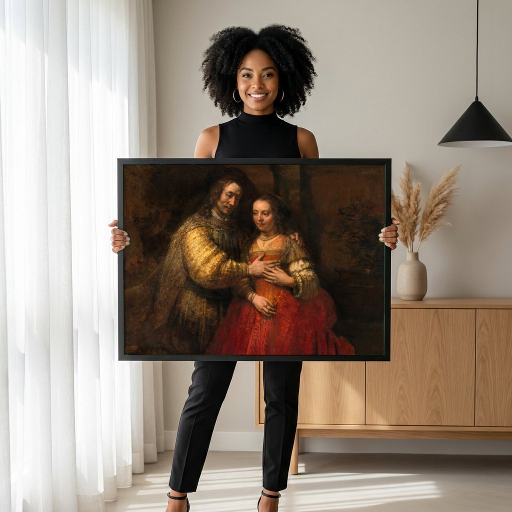 Quadro Decorativo A Noiva Judia - Rembrandt | modelo apresentando o quadro emoldurado