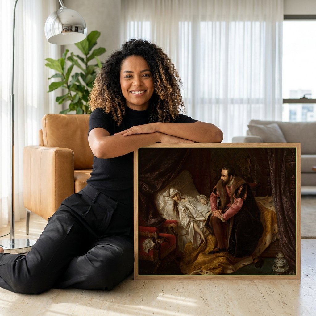 Quadro Decorativo A Morte de Barbara Radziwill - Józef Simmler | modelo apresentando o quadro emoldurado