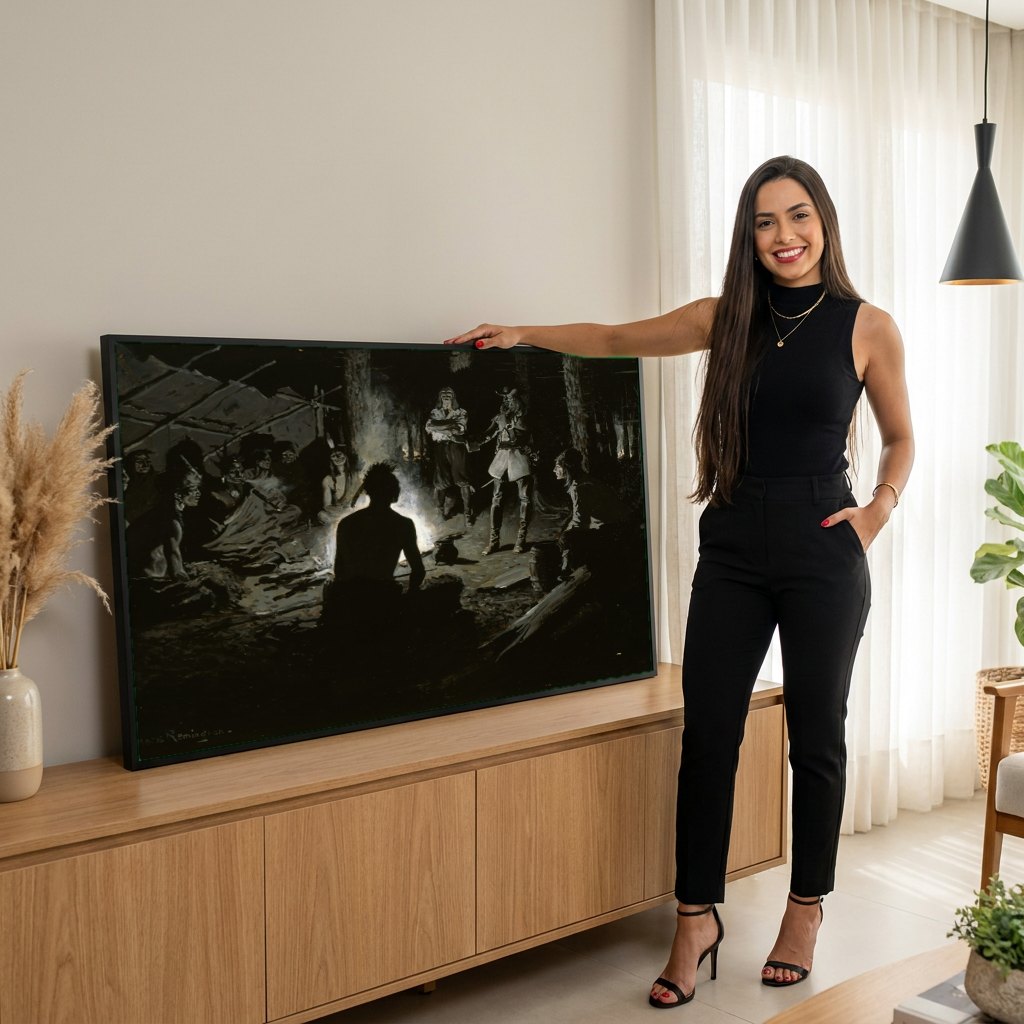 Quadro Decorativo A Reunião Noturna - Frederic Remington | modelo apresentando o quadro emoldurado