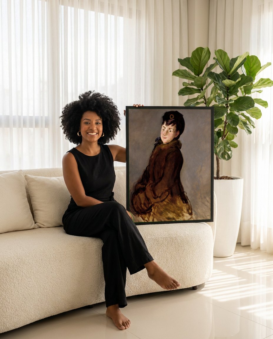 Quadro Decorativo A Mulher com Chapéu - Edouard Manet | modelo apresentando o quadro emoldurado