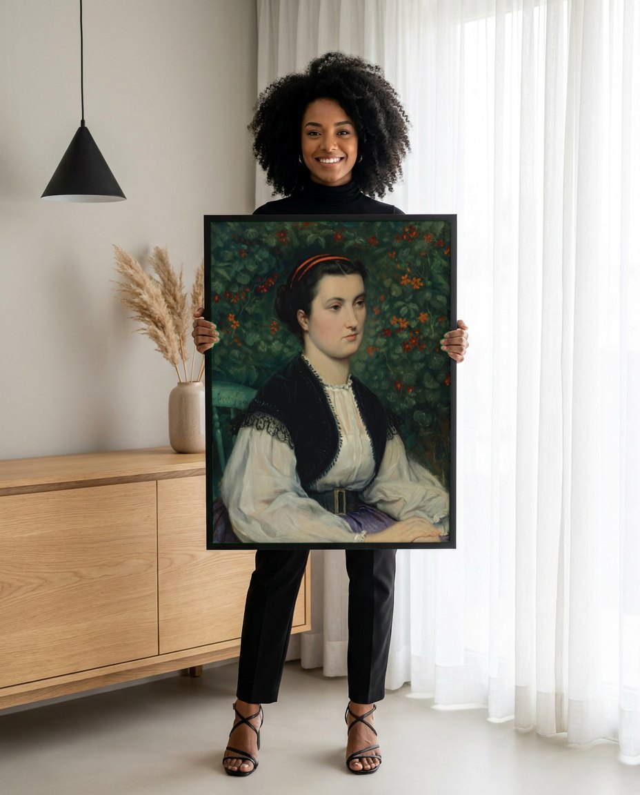 Quadro Decorativo Mulher Sentada no Jardim - Tissot | modelo apresentando o quadro emoldurado
