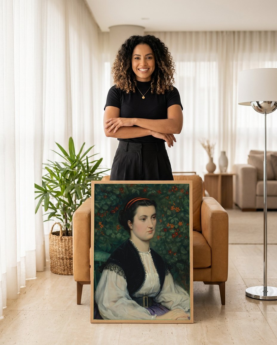 Quadro Decorativo Mulher Sentada no Jardim - Tissot | modelo apresentando o quadro emoldurado