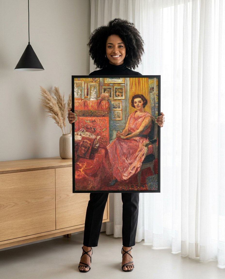 Quadro Decorativo A Dama de Rosa - Édouard Vuillard | modelo apresentando o quadro emoldurado