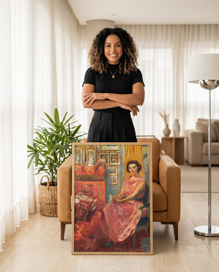 Quadro Decorativo A Dama de Rosa - Édouard Vuillard | modelo apresentando o quadro emoldurado