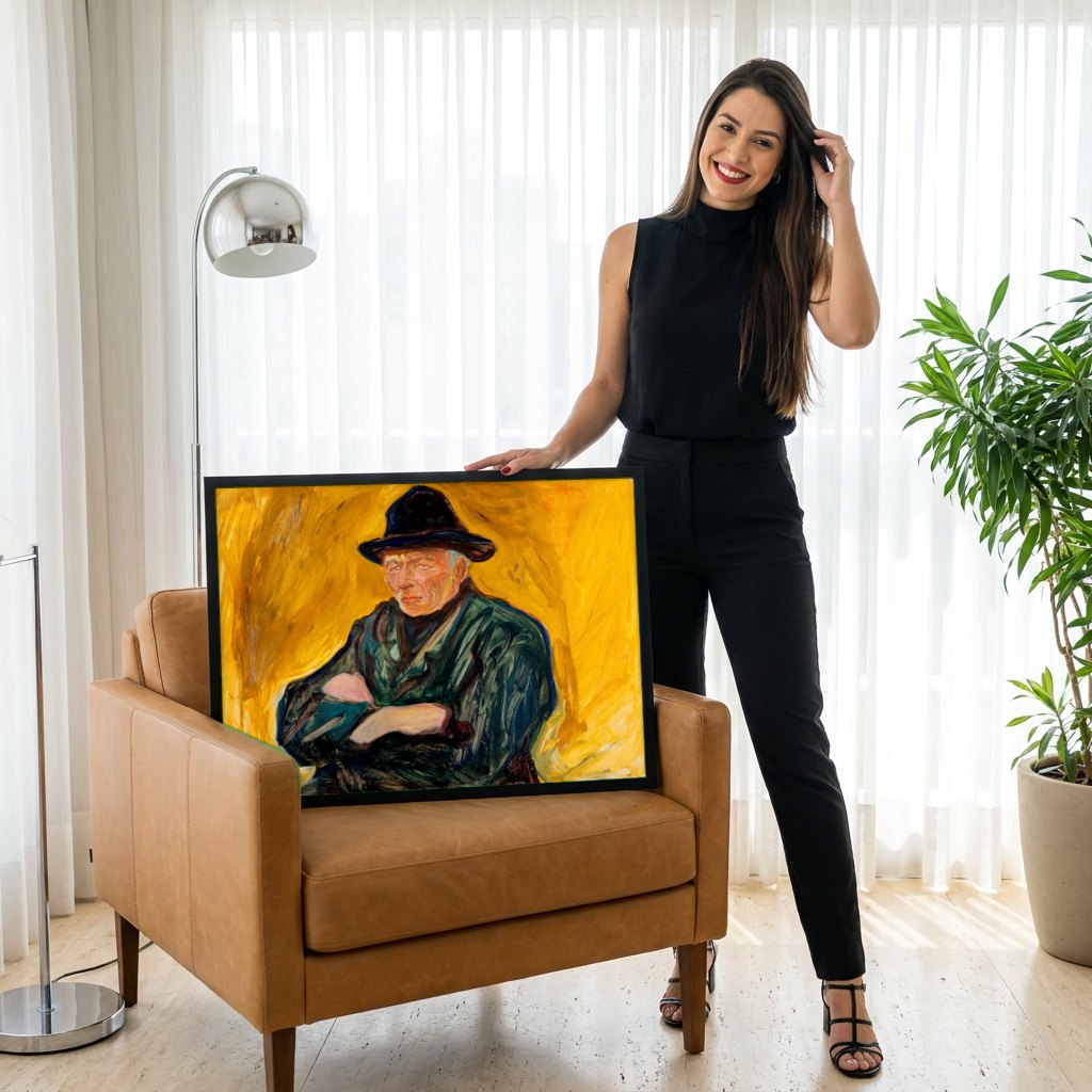 Quadro Decorativo Retrato de um Homem - Edvard Munch | modelo apresentando o quadro emoldurado