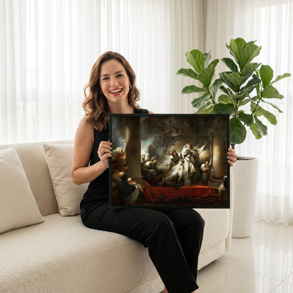 Quadro Decorativo A Invocação - Fragonard | modelo apresentando o quadro emoldurado