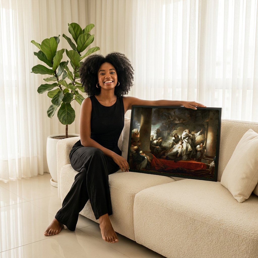 Quadro Decorativo A Invocação - Fragonard | modelo apresentando o quadro emoldurado