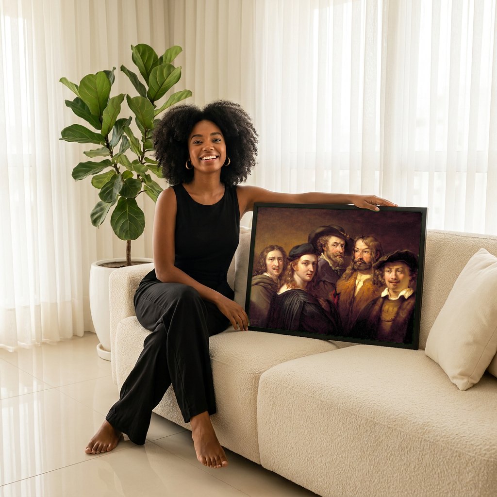 Quadro Decorativo A Conspiração de Claudius Civilis - Rembrandt | modelo apresentando o quadro emoldurado