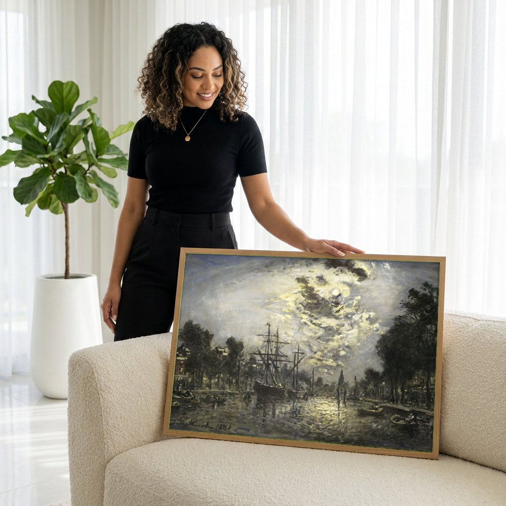 Quadro Decorativo Porto ao Luar - Jongkind | modelo apresentando o quadro emoldurado