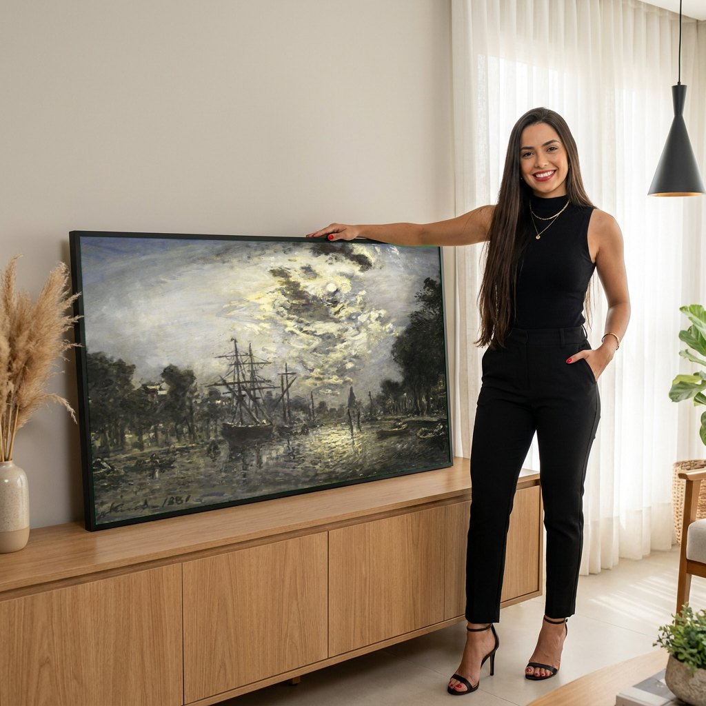 Quadro Decorativo Porto ao Luar - Jongkind | modelo apresentando o quadro emoldurado