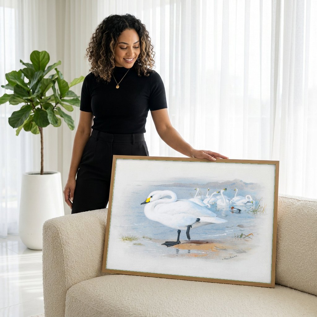 Quadro Decorativo Cisnes Reais - Archibald Thorburn | modelo apresentando o quadro emoldurado