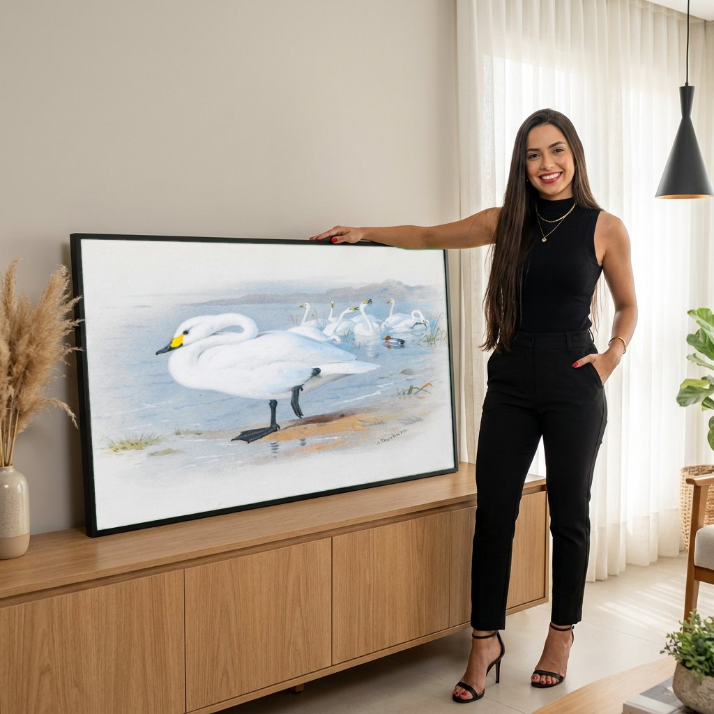 Quadro Decorativo Cisnes Reais - Archibald Thorburn | modelo apresentando o quadro emoldurado