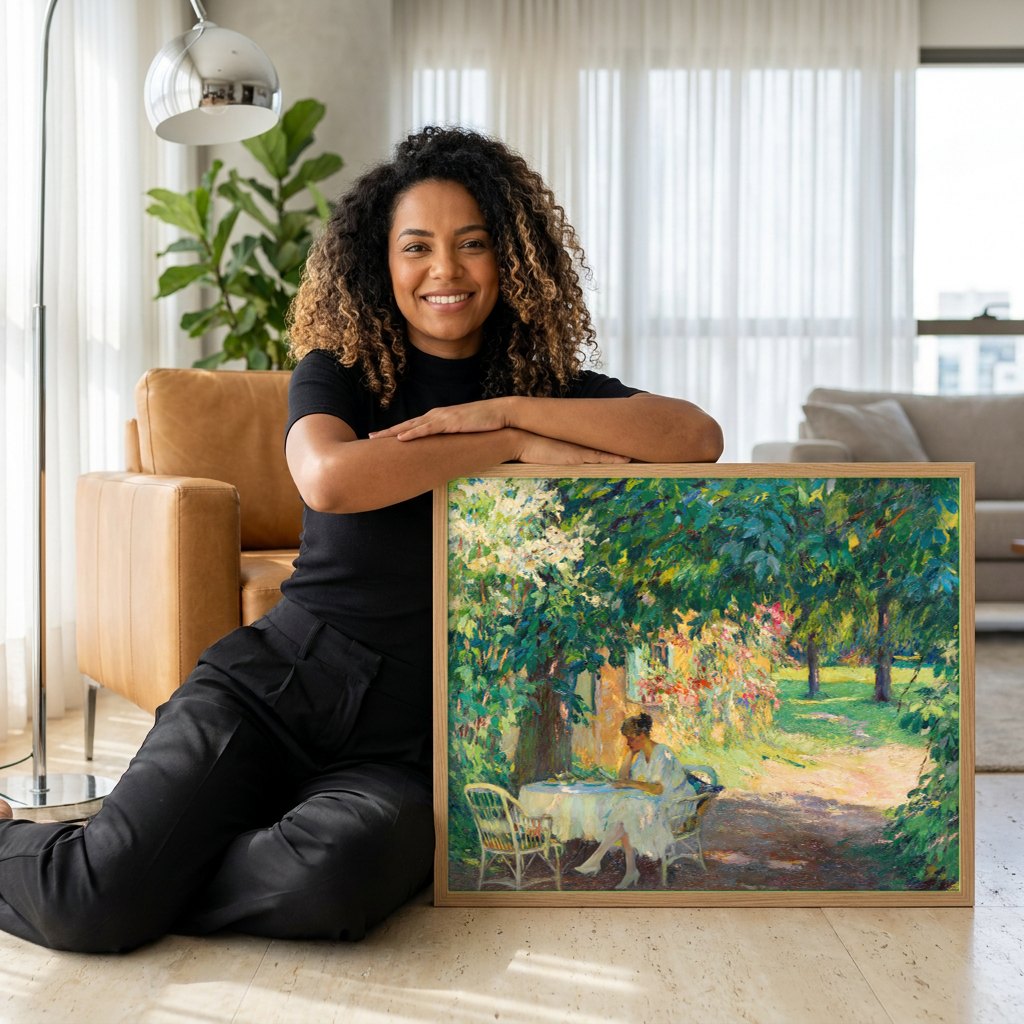 Quadro Decorativo A Leitora no Jardim - Edward Cucuel | modelo apresentando o quadro emoldurado
