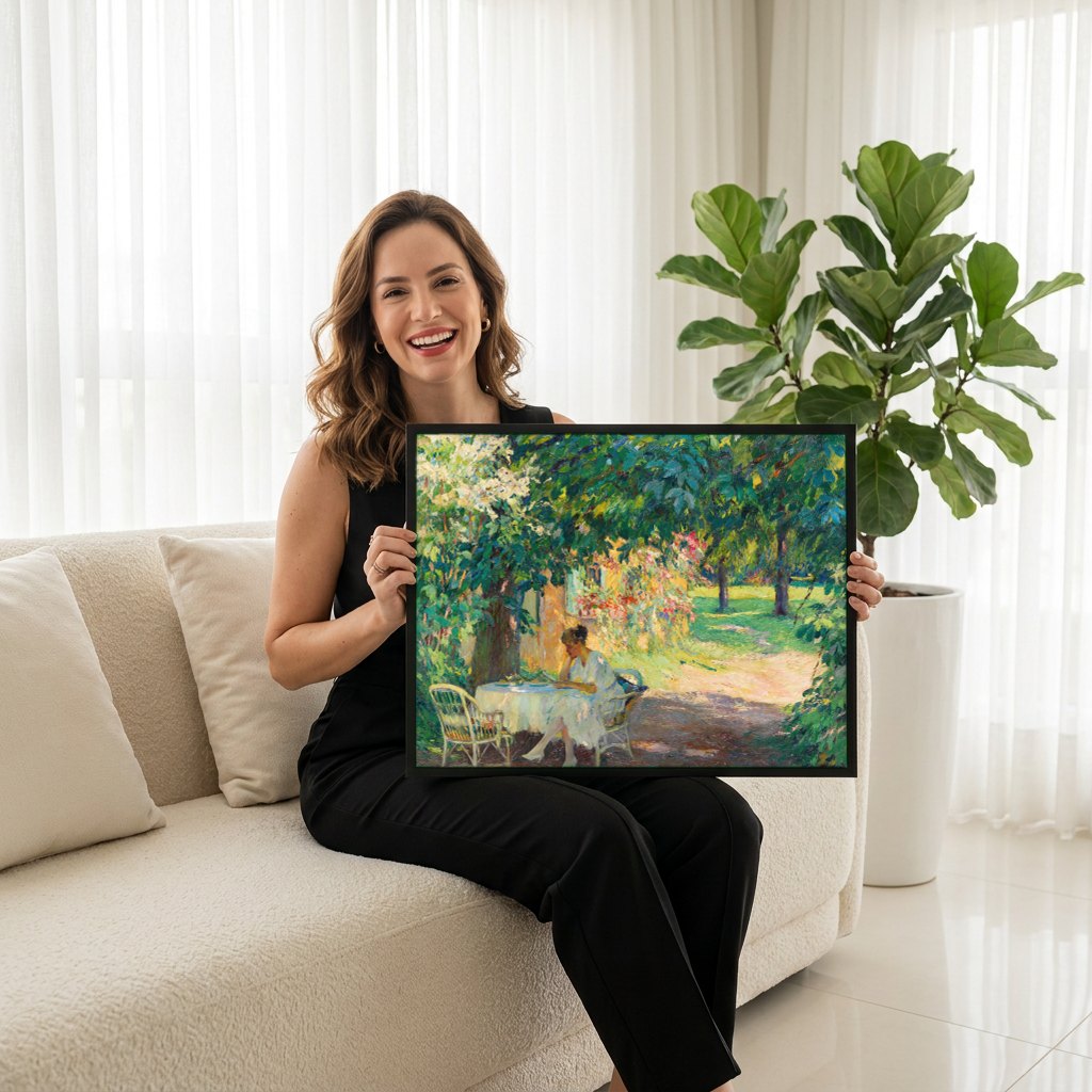 Quadro Decorativo A Leitora no Jardim - Edward Cucuel | modelo apresentando o quadro emoldurado