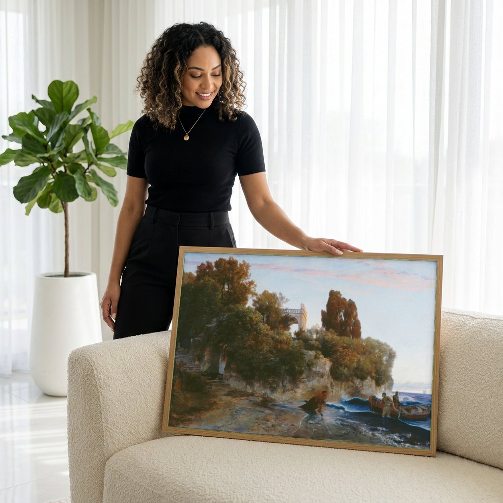 Quadro Decorativo A Praia da Vila - Arnold Böcklin | modelo apresentando o quadro emoldurado