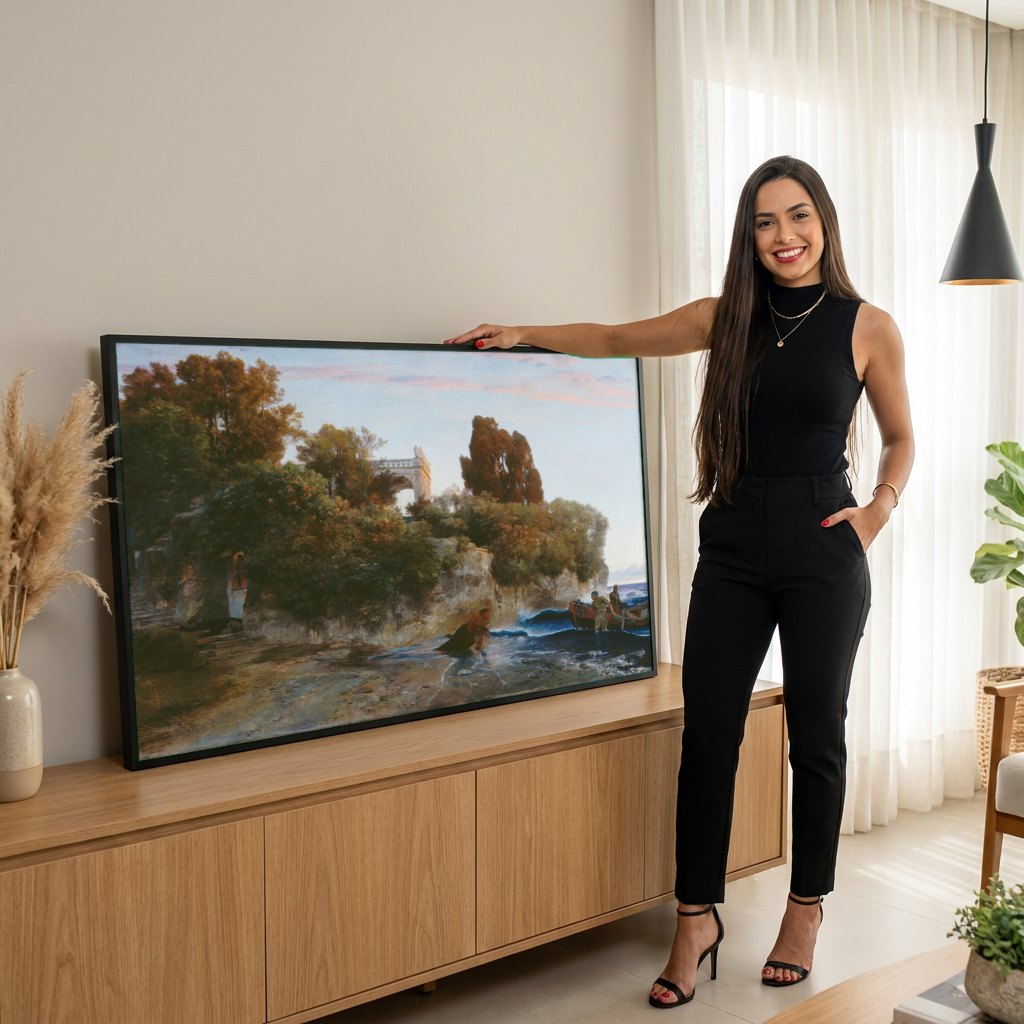 Quadro Decorativo A Praia da Vila - Arnold Böcklin | modelo apresentando o quadro emoldurado