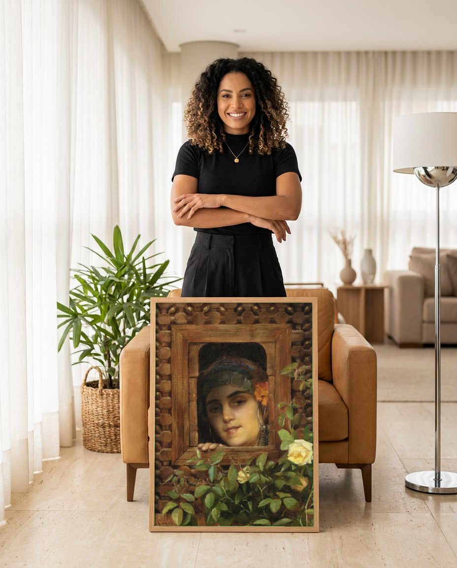 Quadro Decorativo A Jovem do Cairo - Theodoros Rall | modelo apresentando o quadro emoldurado