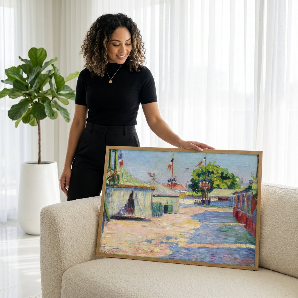 Quadro Decorativo A Feira de Saint-Cloud - Paul Signac | modelo apresentando o quadro emoldurado
