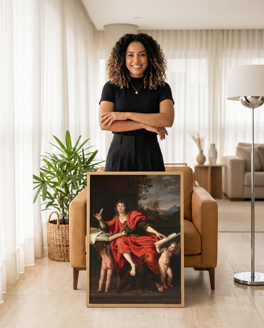 Quadro Decorativo São João Evangelista - Domenichino | modelo apresentando o quadro emoldurado