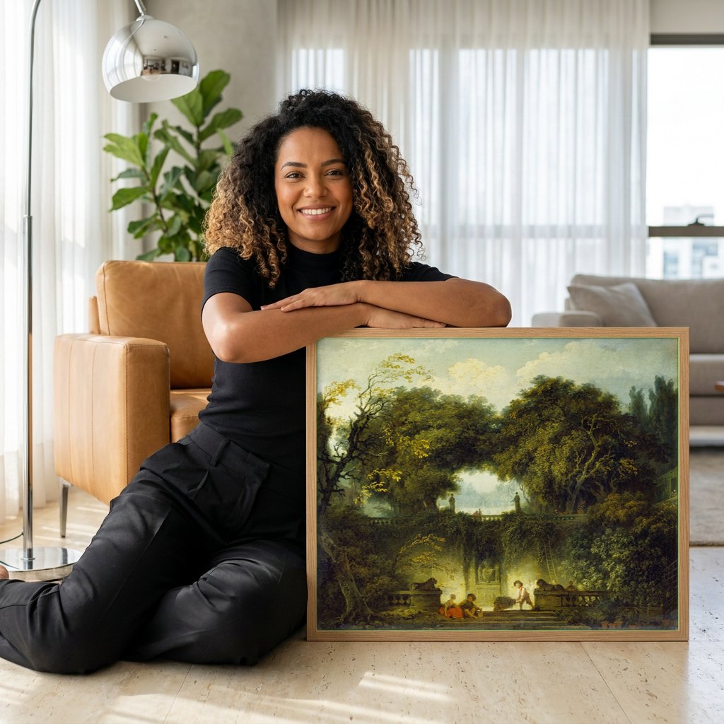 Quadro Decorativo A Esgrima - Fragonard | modelo apresentando o quadro emoldurado