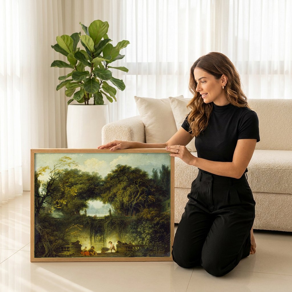 Quadro Decorativo A Esgrima - Fragonard | modelo apresentando o quadro emoldurado