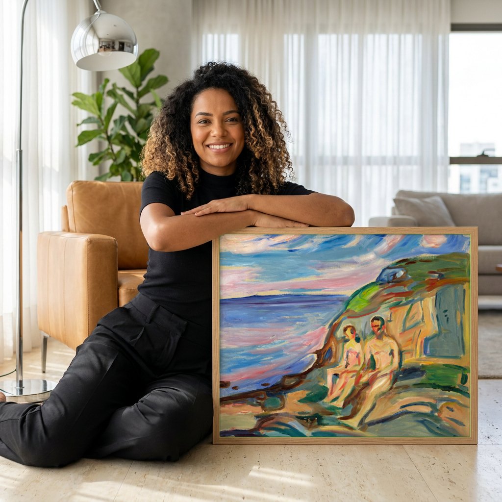 Quadro Decorativo Casal na Praia - Edvard Munch | modelo apresentando o quadro emoldurado