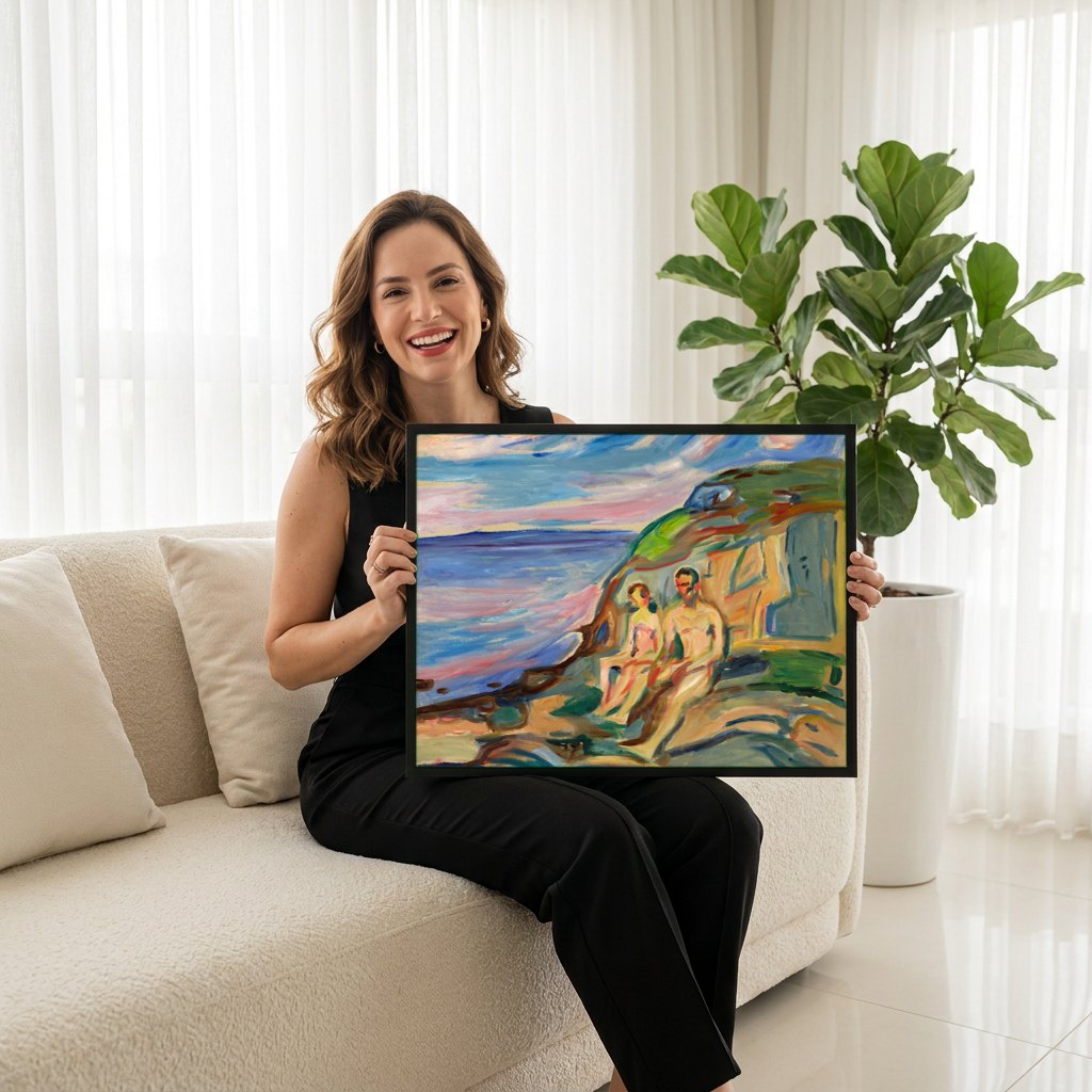 Quadro Decorativo Casal na Praia - Edvard Munch | modelo apresentando o quadro emoldurado