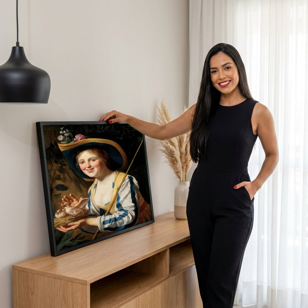 Quadro Decorativo A Pastora Feliz - Gerard van Honthorst | modelo apresentando o quadro emoldurado