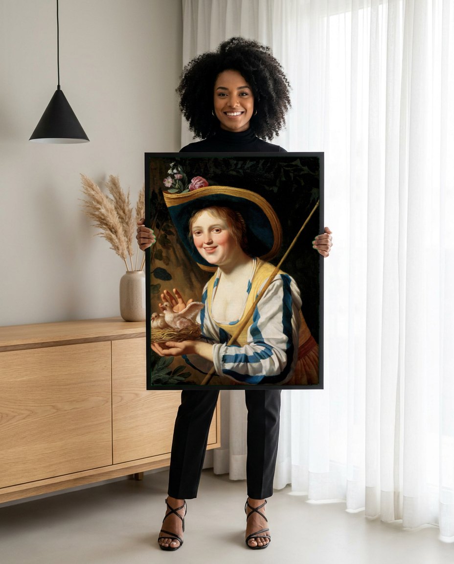 Quadro Decorativo A Pastora Feliz - Gerard van Honthorst | modelo apresentando o quadro emoldurado