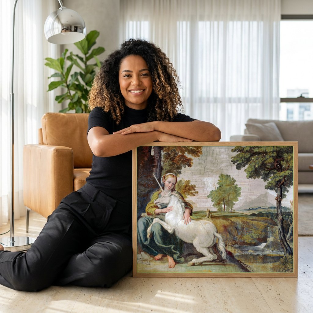 Quadro Decorativo A Dama e o Unicórnio - Domenichino | modelo apresentando o quadro emoldurado
