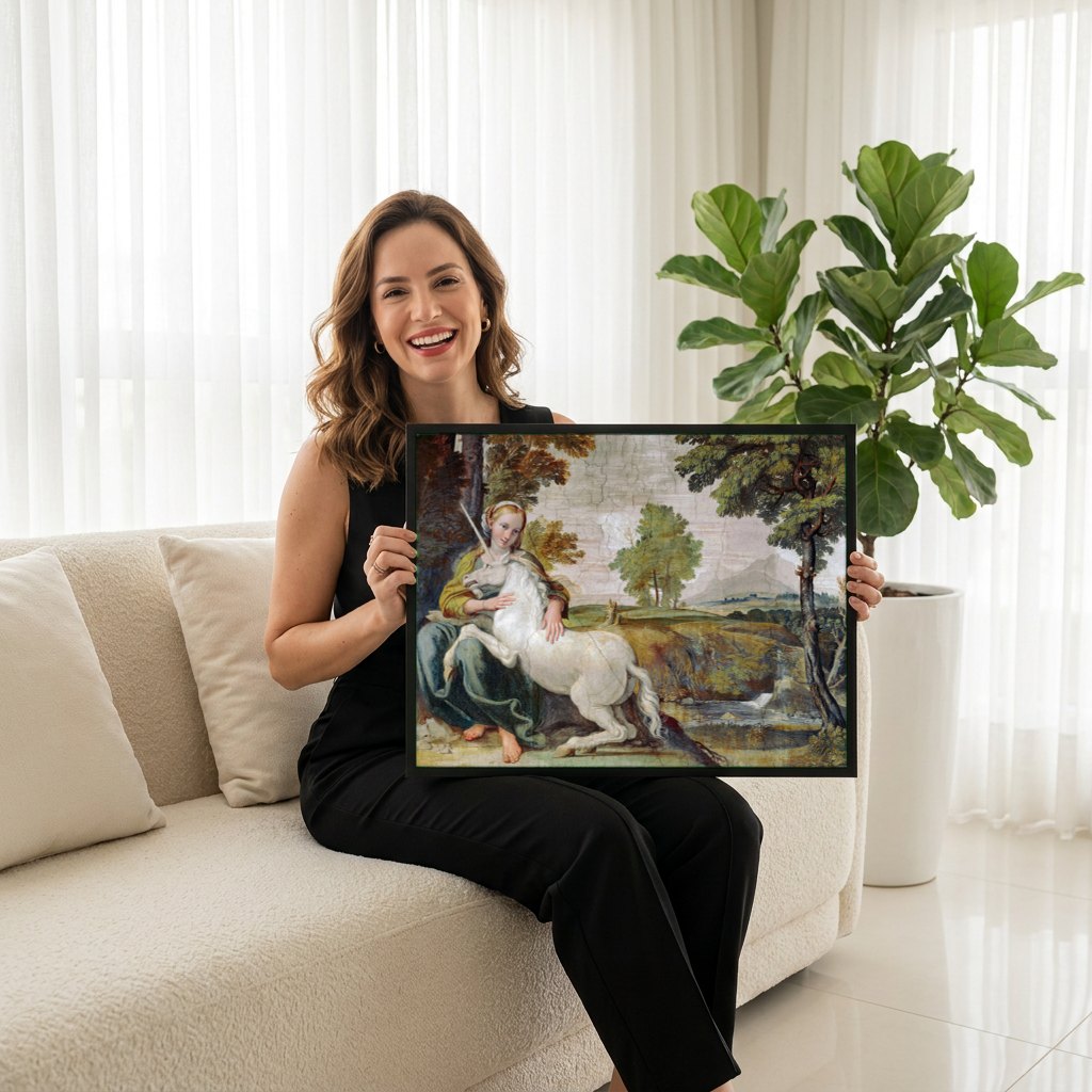 Quadro Decorativo A Dama e o Unicórnio - Domenichino | modelo apresentando o quadro emoldurado