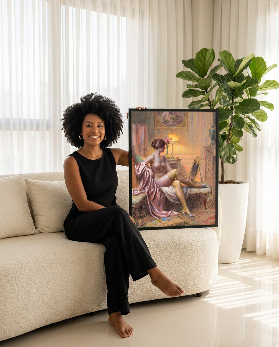 Quadro Decorativo A Mulher e o Espelho - Delphin Enjolras | modelo apresentando o quadro emoldurado