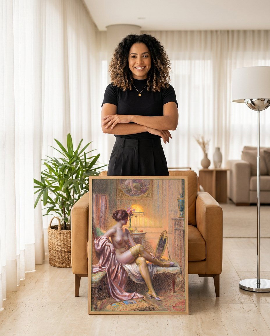 Quadro Decorativo A Mulher e o Espelho - Delphin Enjolras | modelo apresentando o quadro emoldurado