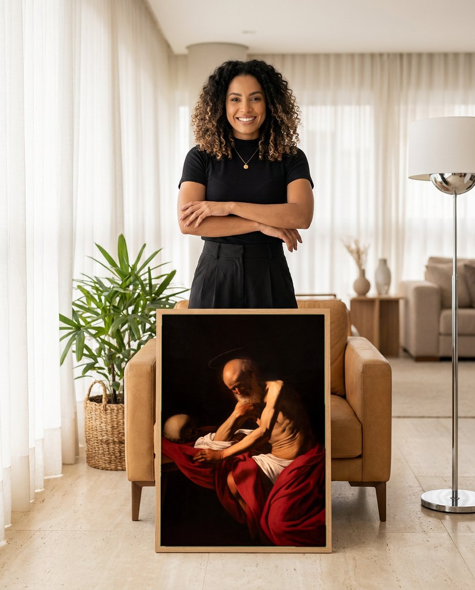 Quadro Decorativo São Jerônimo Escrevendo - Caravaggio | modelo apresentando o quadro emoldurado