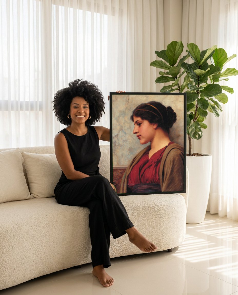 Quadro Decorativo A Jovem Grega - Godward | modelo apresentando o quadro emoldurado