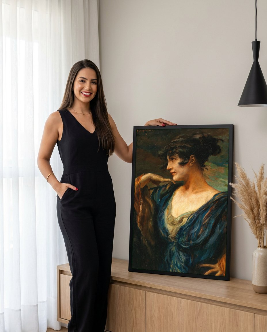 Quadro Decorativo A Dama de Azul - Leopold Schmutzler | modelo apresentando o quadro emoldurado