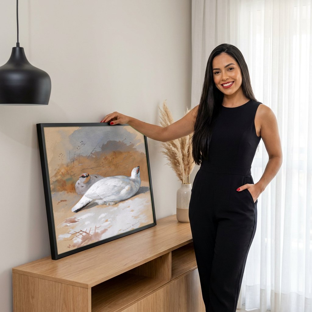 Quadro Decorativo Aves na Neve - Archibald Thorburn | modelo apresentando o quadro emoldurado