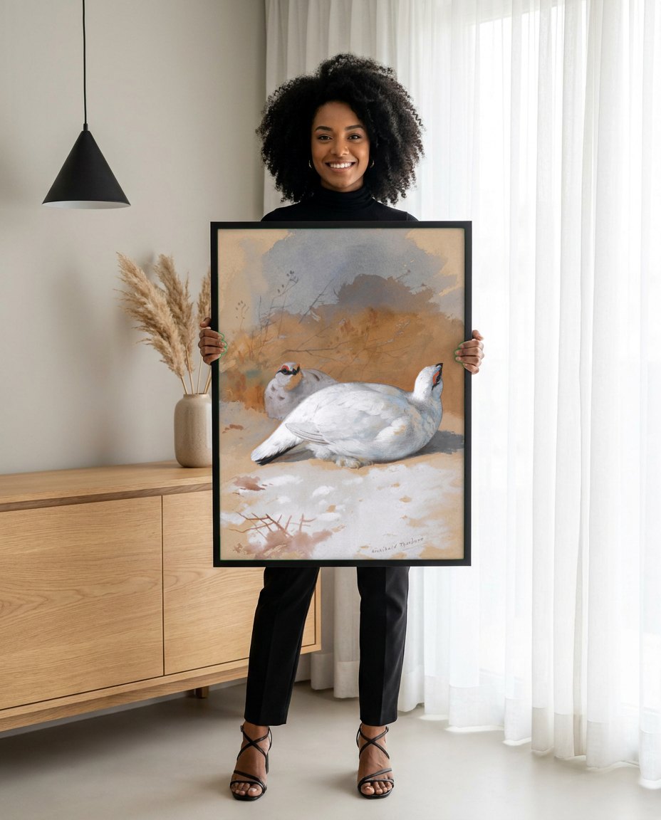 Quadro Decorativo Aves na Neve - Archibald Thorburn | modelo apresentando o quadro emoldurado