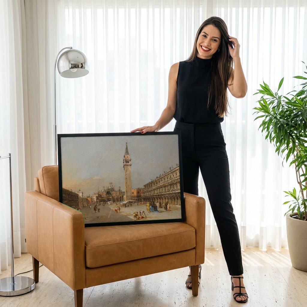 Quadro Decorativo Piazza San Marco - Guardi | modelo apresentando o quadro emoldurado