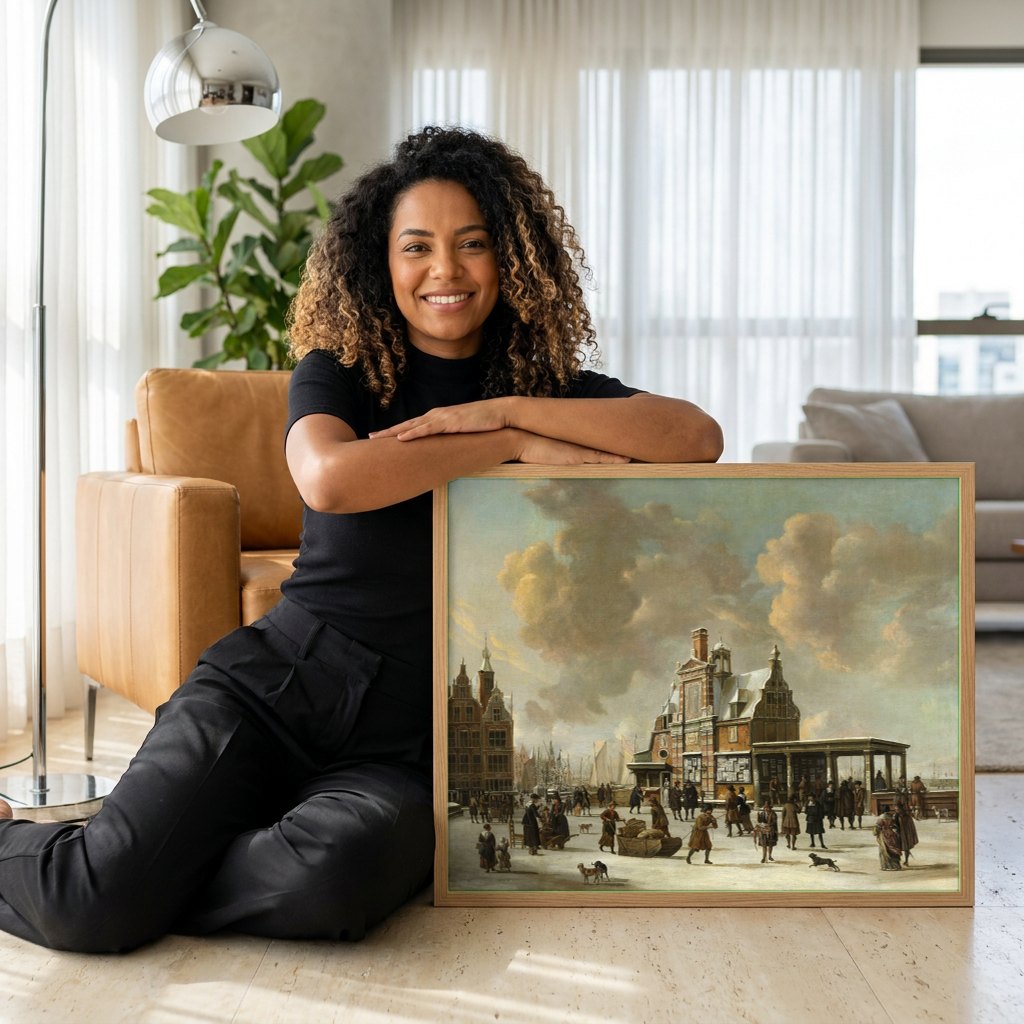 Quadro Decorativo Cena de Inverno Holandesa - Beerstraaten | modelo apresentando o quadro emoldurado