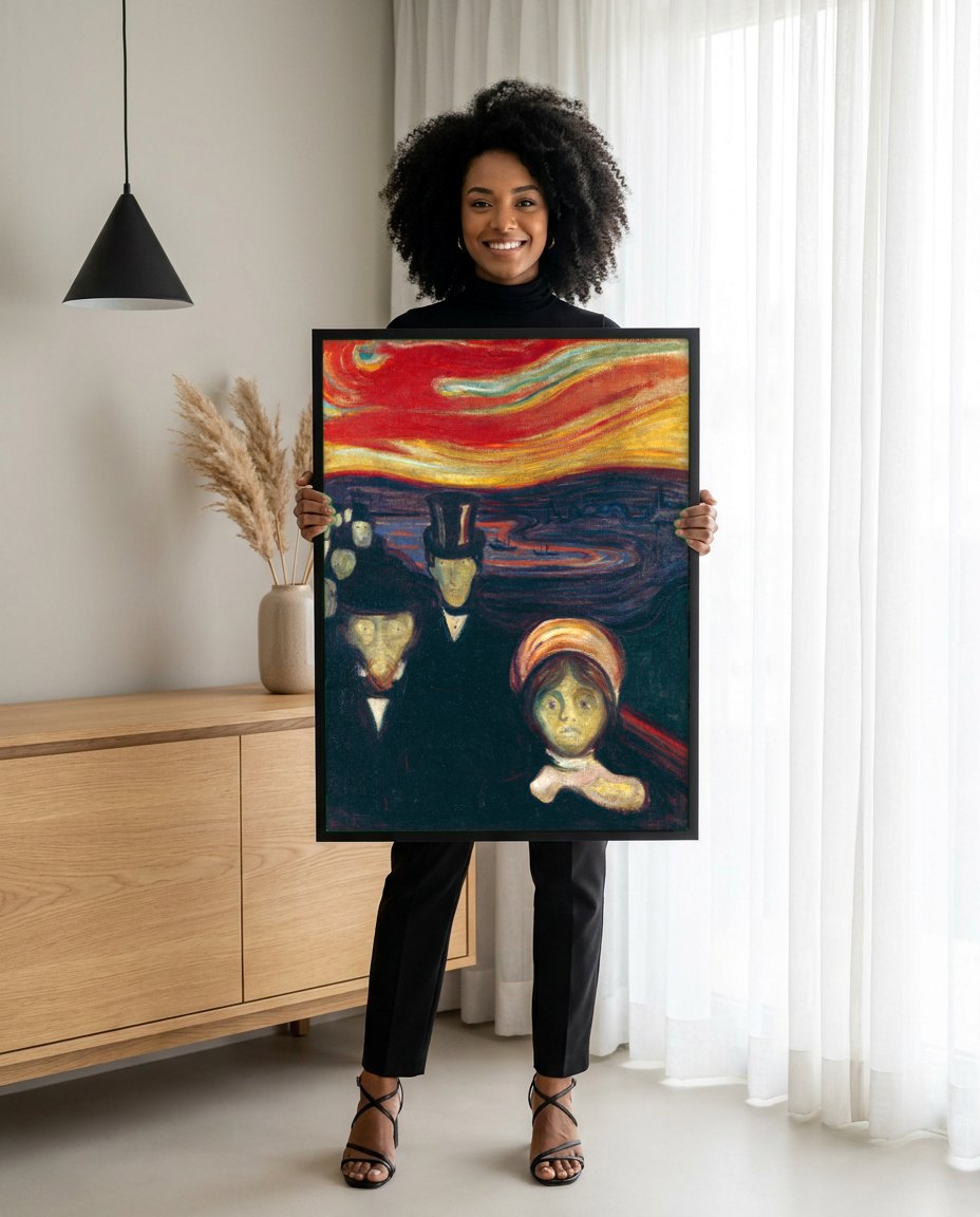 Quadro Decorativo A Voz da Noite - Edvard Munch | modelo apresentando o quadro emoldurado