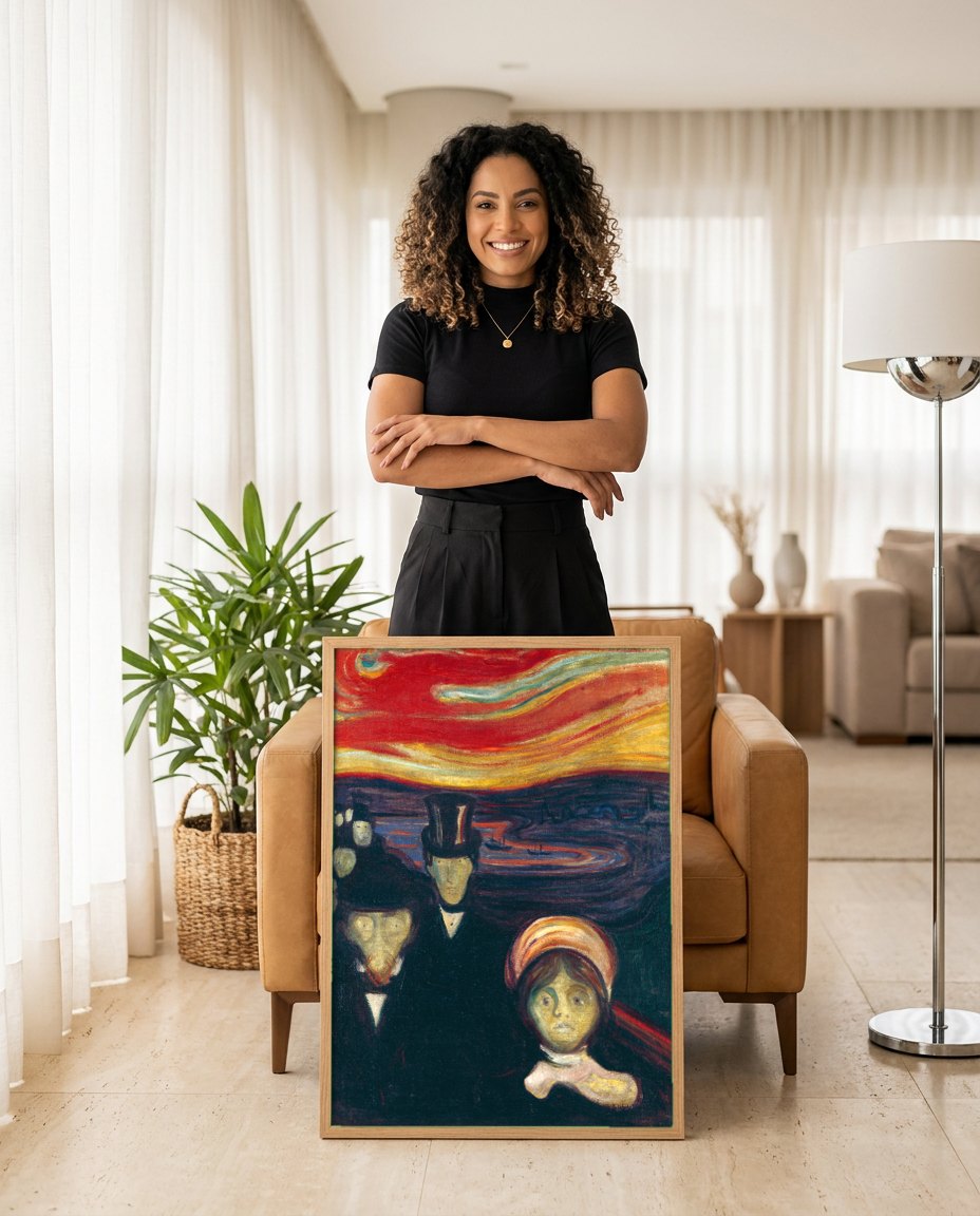 Quadro Decorativo A Voz da Noite - Edvard Munch | modelo apresentando o quadro emoldurado