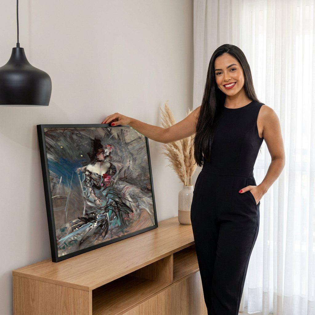 Quadro Decorativo A Mulher de Preto – Boldini | modelo apresentando o quadro emoldurado