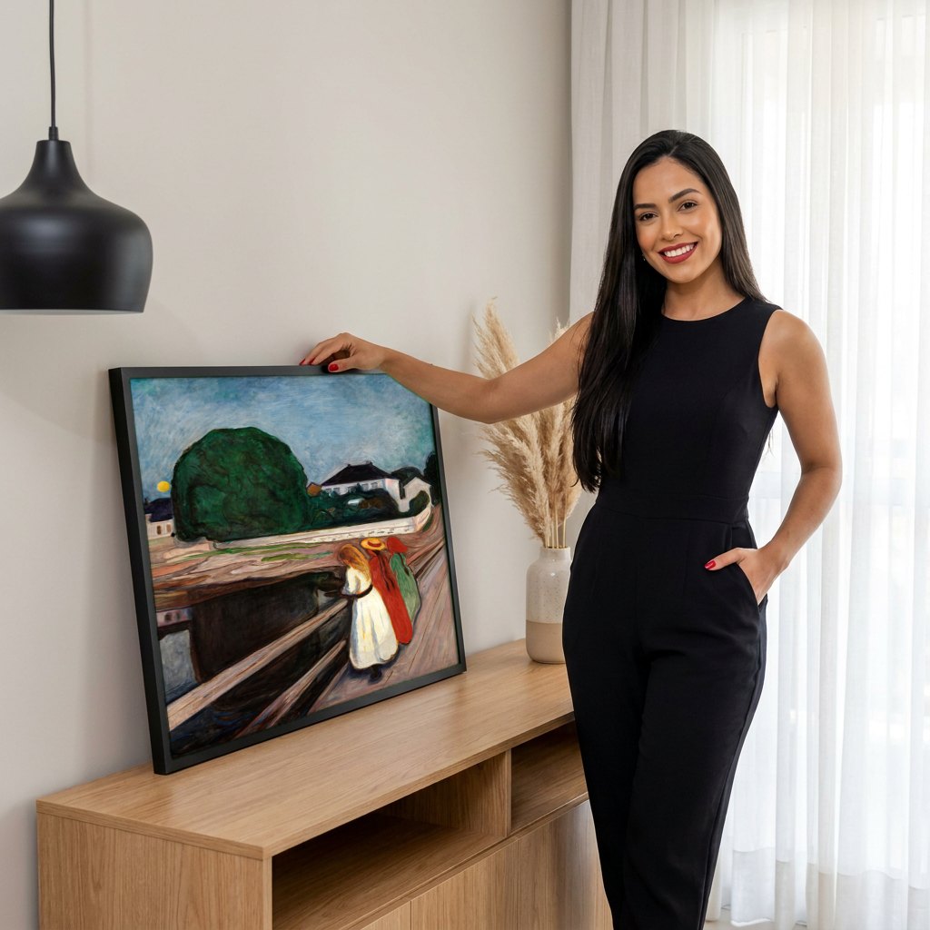 Quadro Decorativo Moças na Ponte - Edvard Munch | modelo apresentando o quadro emoldurado